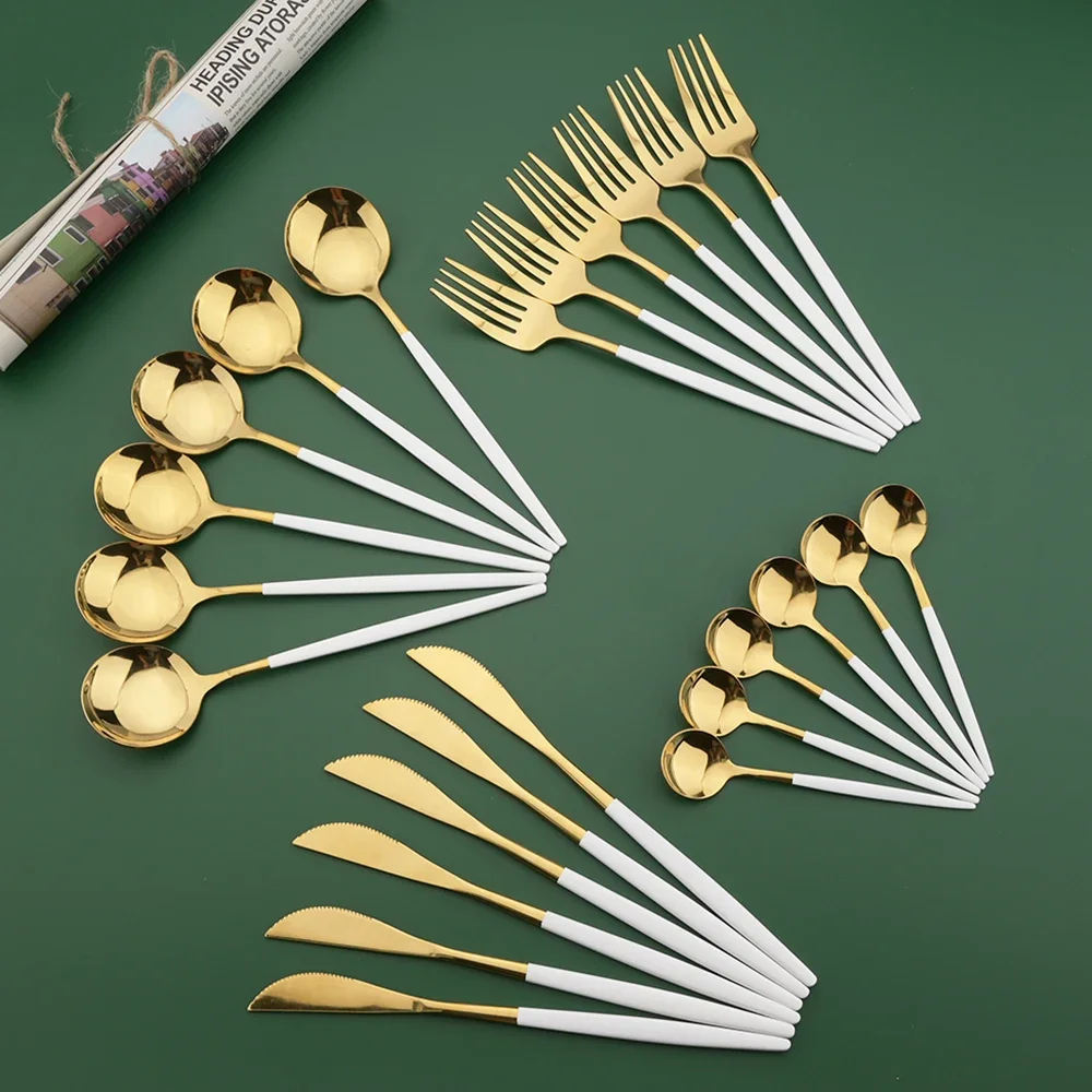 Gold Plated Cutlery - 16/24/32/48Pcs Dinnerware Set White Gold Dinner