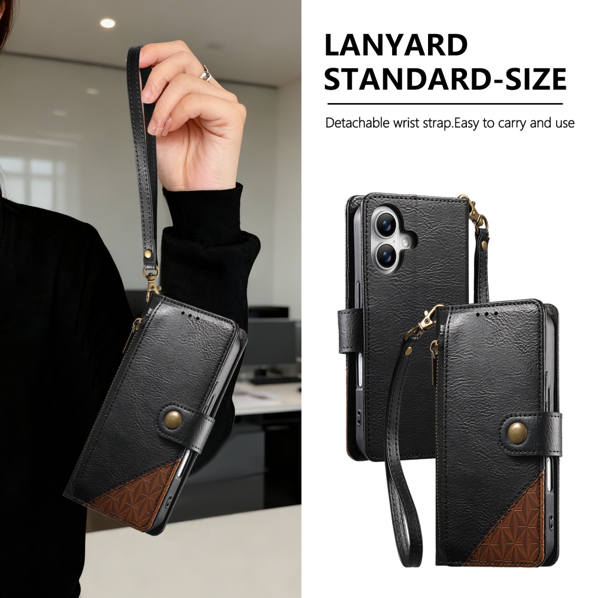 Leather Card Wallet - PU Leather Zipper Wrist Strap Flip