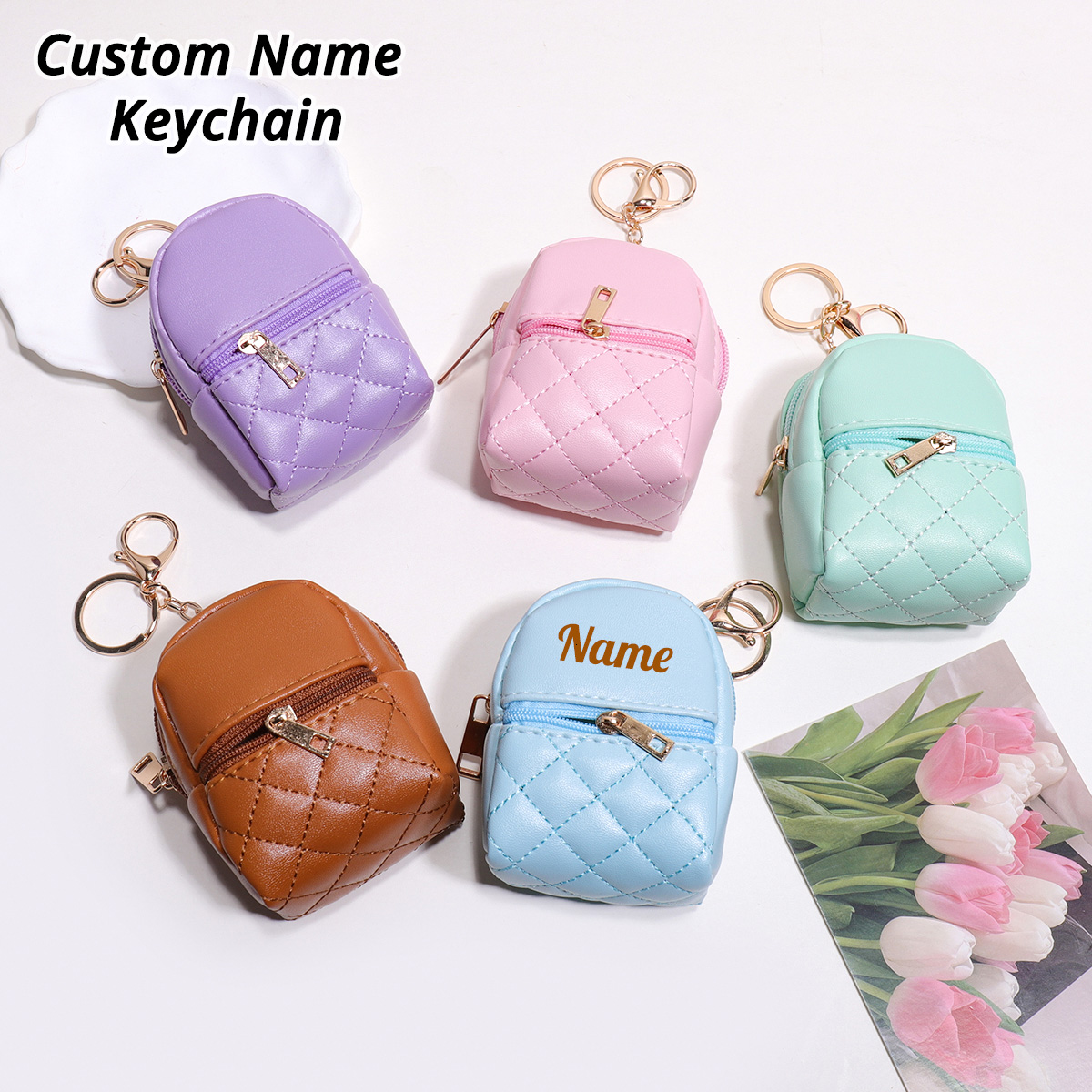 Leather Card Wallet - Mini Custom Name Keychain Coin Purse