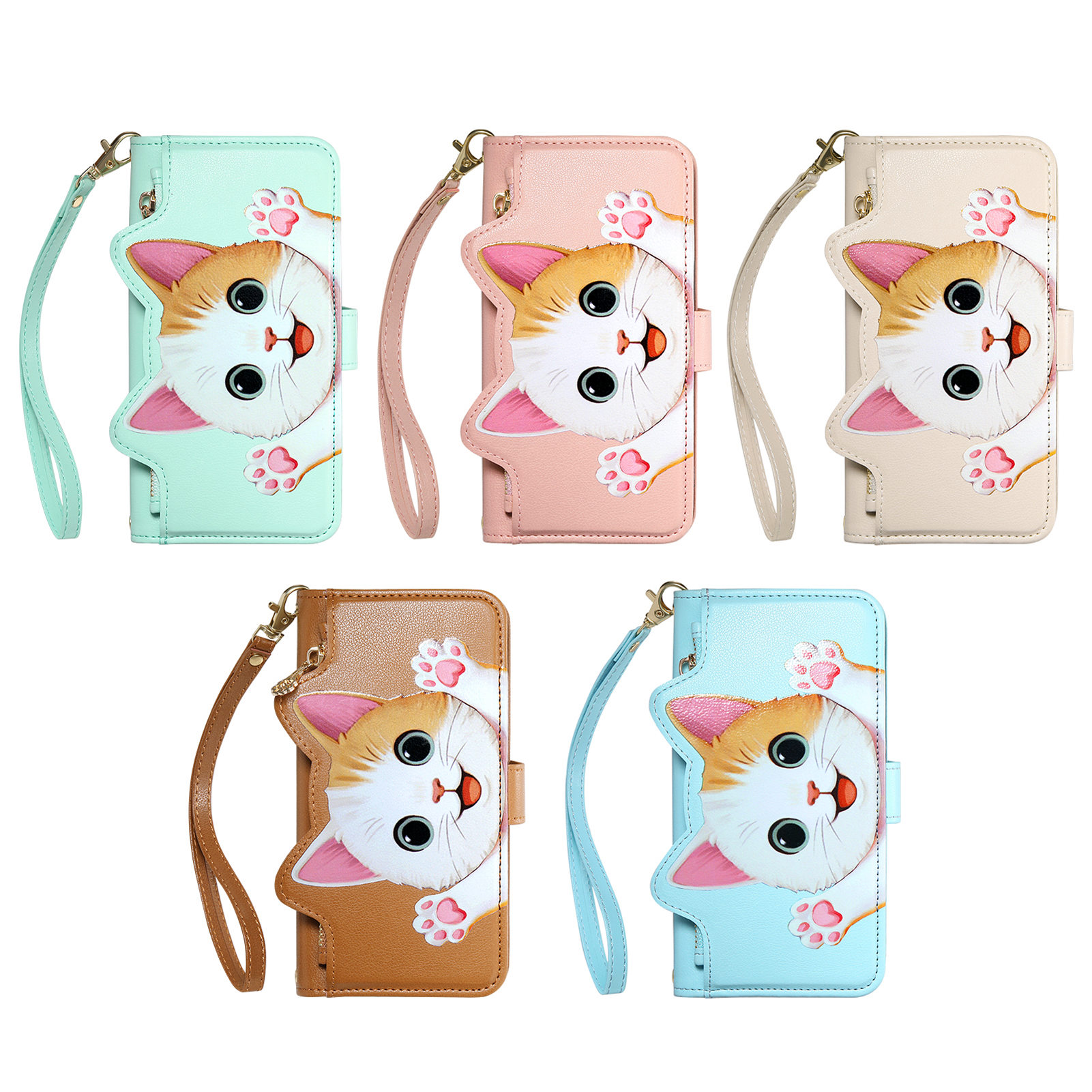 Leather Card Wallet - Cute Cat PU Leather Zipper Wrist