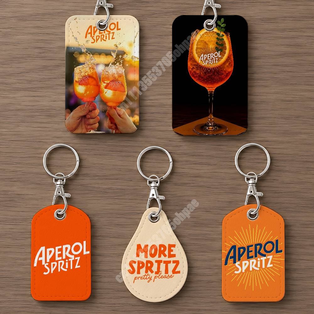 Leather Card Wallet - Orange Prosecco A-Aperol S-Spritz Leather Keychain