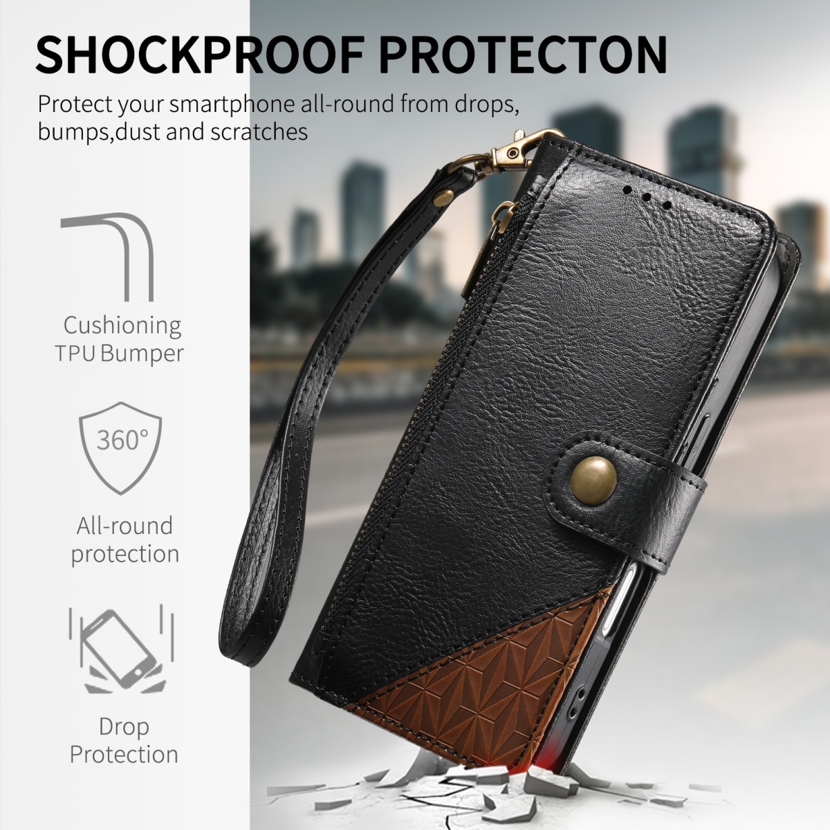 PU Leather Zipper Wrist Strap  - Leather Card Wallet review and price